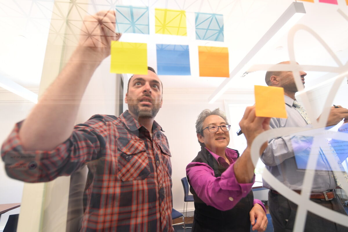 three Workshop faculty members doing a post-it exercise