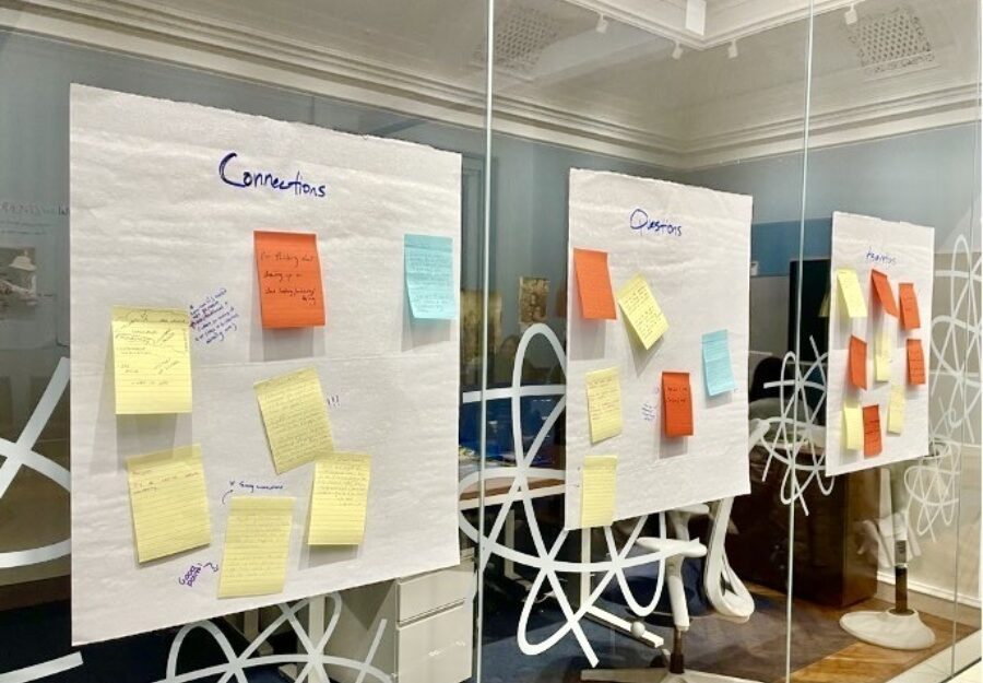 three paper sheets are hung on a glass wall with yellow and orange sticky notes on it