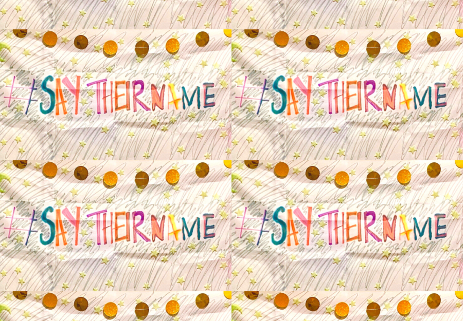 a banner hanging on a wall that features the hashtag #saytheirname