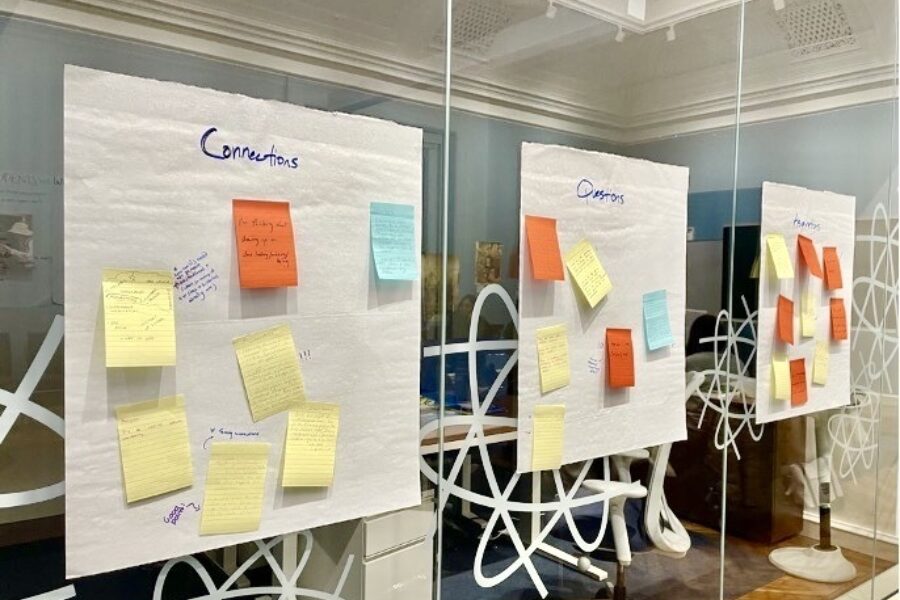 three paper sheets are hung on a glass wall with yellow and orange sticky notes on it